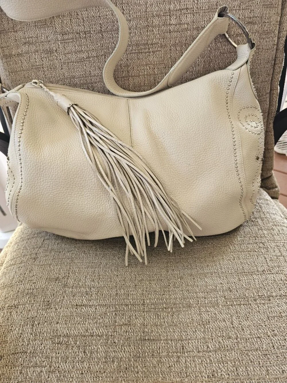 Brighton White Pebbled Leather Studded Hobo Shoulder Bag Heart Charm
